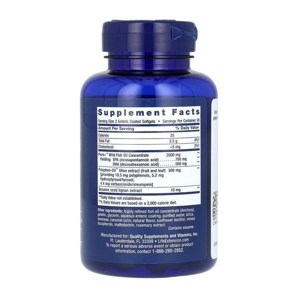 Супер Омега-3 в кишковорозчинній оболонці Life Extension Super Omega-3 EPA/DHA Fish Oil Sesame Lignans & Olive Extract Enteric Coated - 60 м'яких капсул 2022-10-1941 фото