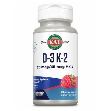 Вітаміни D3 та K2 жувальні KAL D3 & K2 25mcg - 60 таблеток (Малина) 2022-10-0997 фото