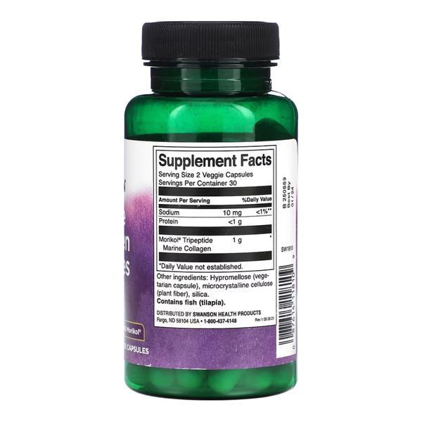Морський колаген 1 типу Swanson Marine Collagen Peptides Type I для шкіри, 500 мг, 60 вегетаріанських капсул 2023-10-4067 фото