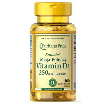 Вітамін D3 мега ефективність Puritans Pride Vitamin D3 250mcg (10000 IU) Mega-Potency - 100 капсул 100-46-3018922-20 фото
