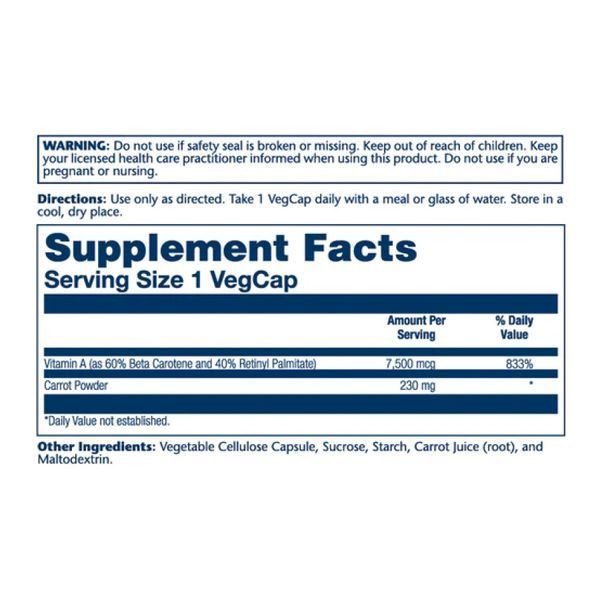 Суха форма вітаміну A Solaray Vitamin A Dry Form 7600mcg - 60 капсул 100-82-2016145-20 фото
